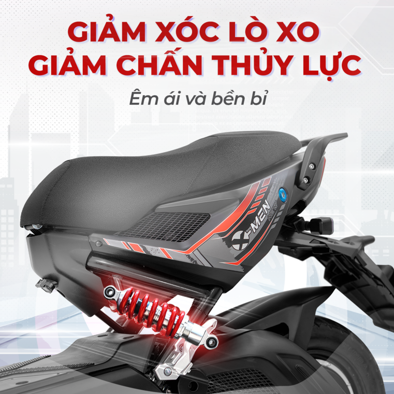Xmen New được trang bị hệ thống giảm xóc lò xo và giảm chấn thủy lực giúp xe vận hành êm ái và bền bỉ