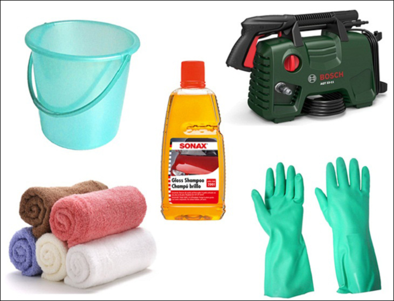 Trước khi rửa xe, hãy chuẩn bị dụng cụ cần thiết và che chắn pin, ắc quy, cổng sạc để tránh nước xâm nhập