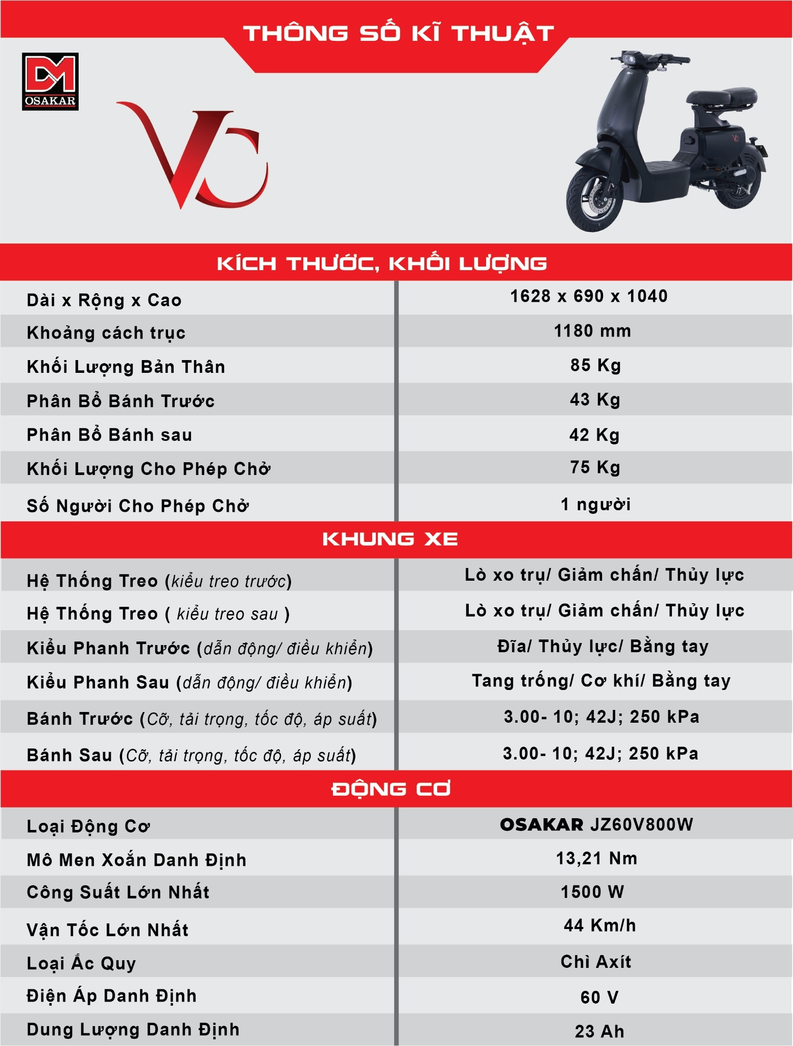Kích thước thông số kỹ thuật xe điện VC