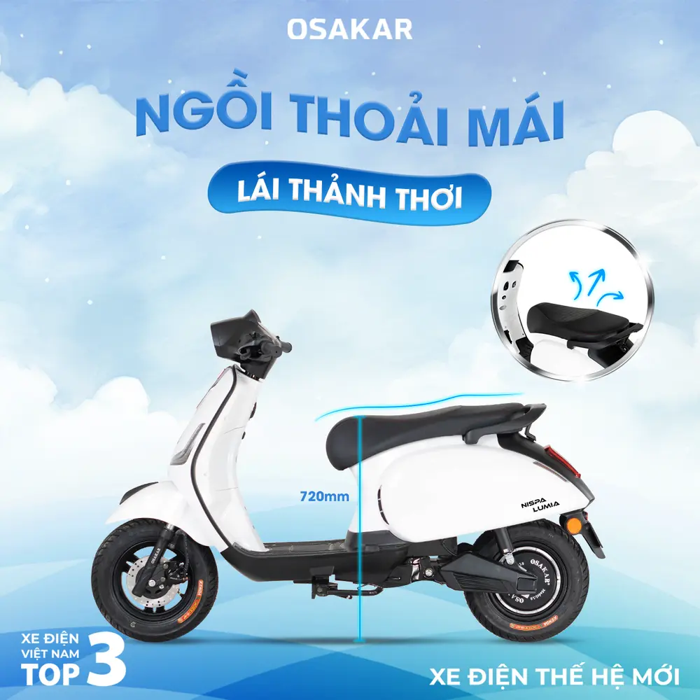 Xe máy điện yên dài đáp ứng tốt nhu cầu chở người và mang hành lý nhờ thiết kế rộng rãi, phù hợp cho di chuyển trong thành phố