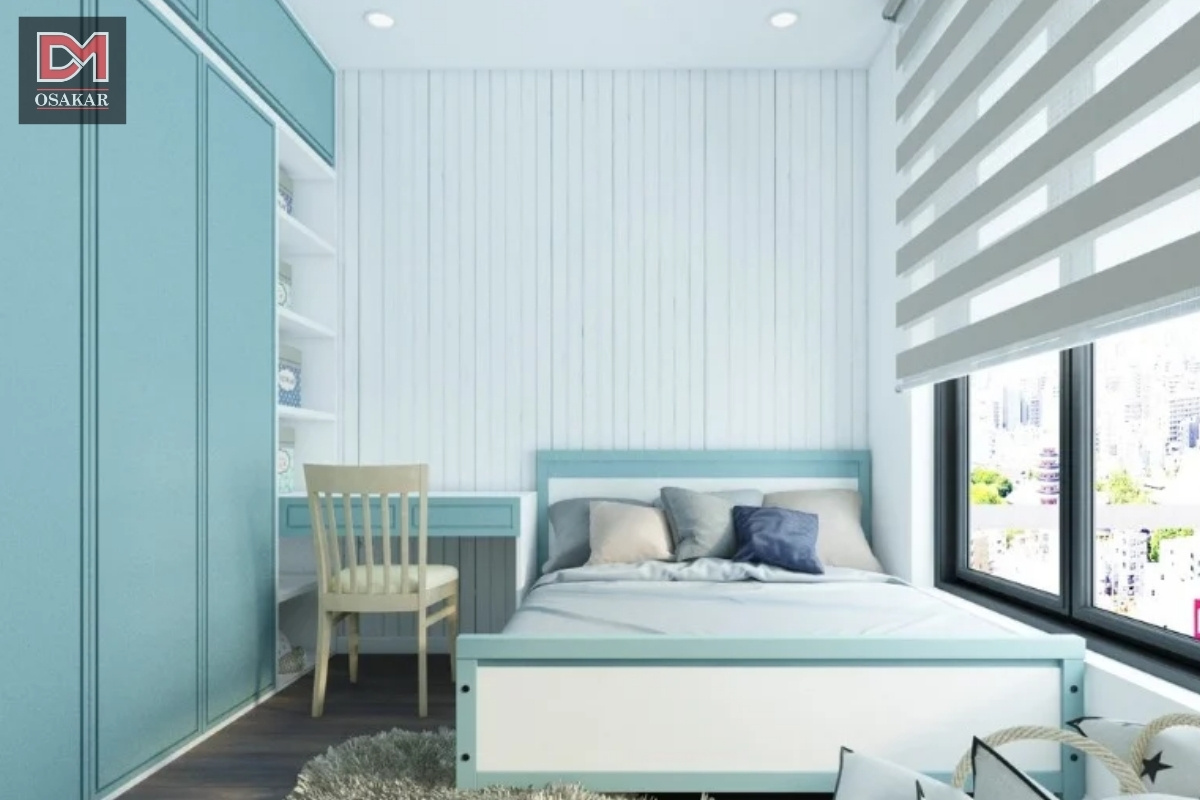 Một gợi ý về phong cách phòng ngủ kiêm không gian học tập mix Lam ngọc và Trắng dù diện tích nhỏ nhưng cực kỳ thoáng đãng, mát mắt cho các bạn Bảo Bình