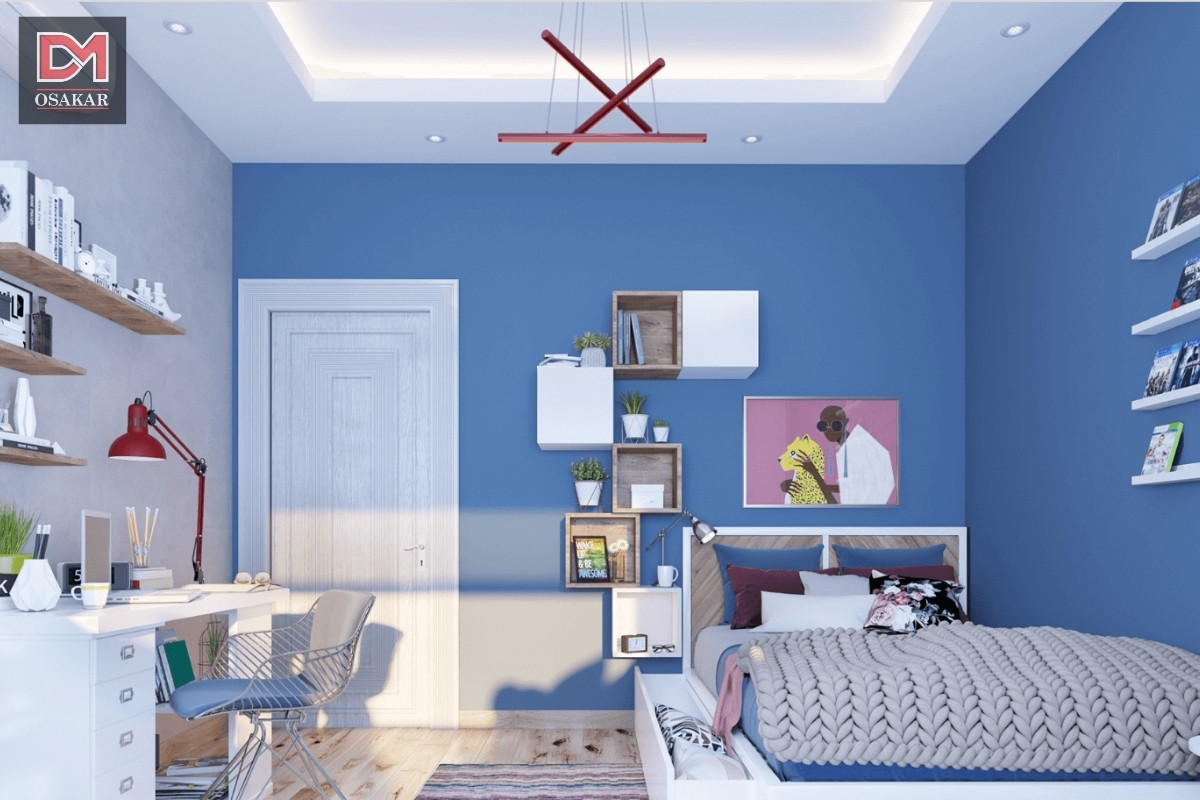 Một gợi ý về phỏng ngủ tone xanh lam chủ đạo cùng màu nhấn trắng độc đáo cực kỳ phù hợp với các bạn tuổi teen