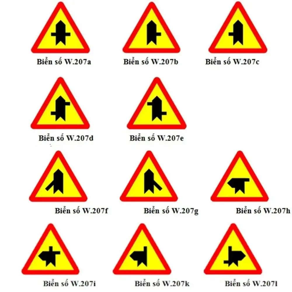 Các biển W.207 với 11 biến thể khác nhau tùy theo hình dạng giao lộ