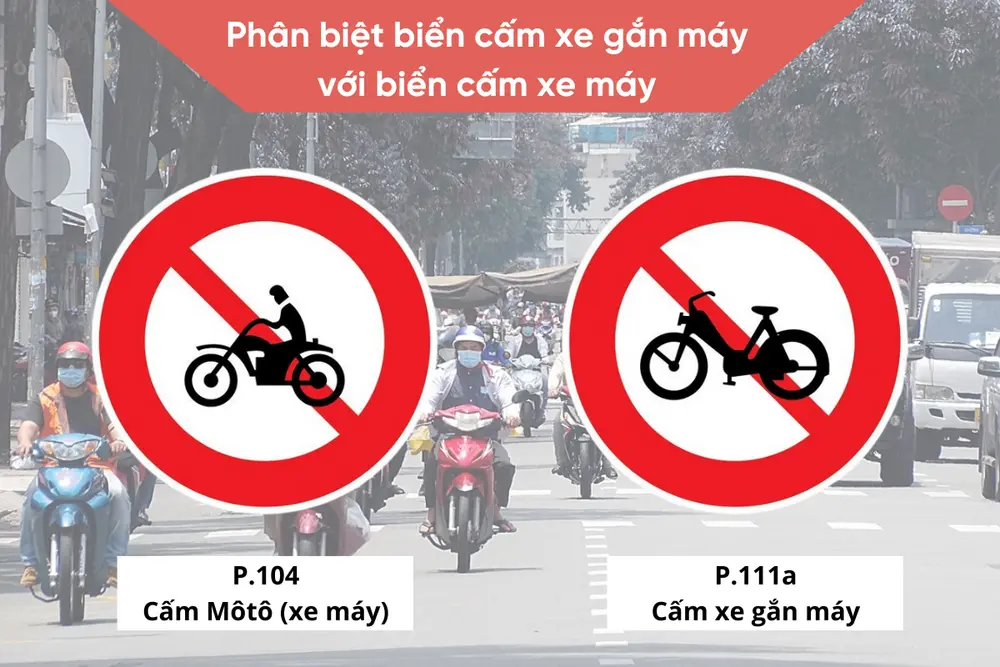 Biển P.111a không có hình người lái, còn biển P.104 có hình người đội mũ bảo hiểm