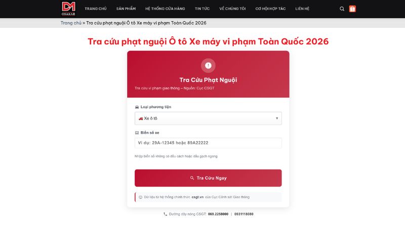 Giao diện tra cứu phạt nguội vi phạm Osakar dễ dàng thao tác