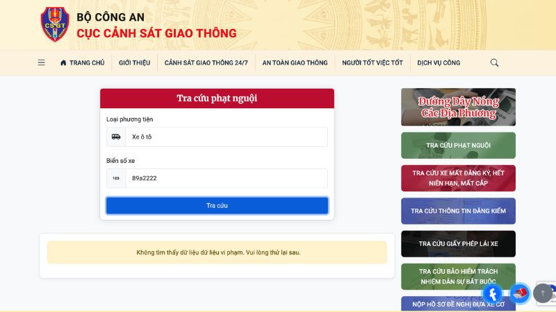 Kết quả hiển thị sau khi tra cứu phạt nguội toàn quốc trên website Cục Cảnh sát giao thông