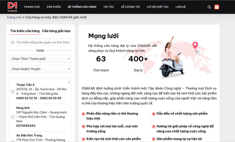 Giao diện tìm kiếm cửa hàng trên website OSAKAR giúp khách hàng dễ dàng tra cứu đại lý chính hãng gần nhất chỉ trong vài thao tác đơn giản.