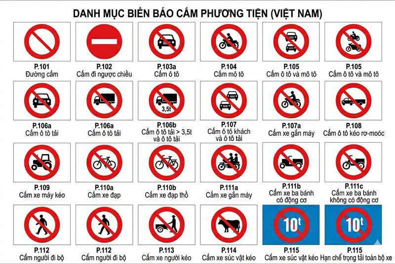 Danh mục biển cấm theo phương tiện mà học sinh - sinh viên đặc biệt cần lưu ý