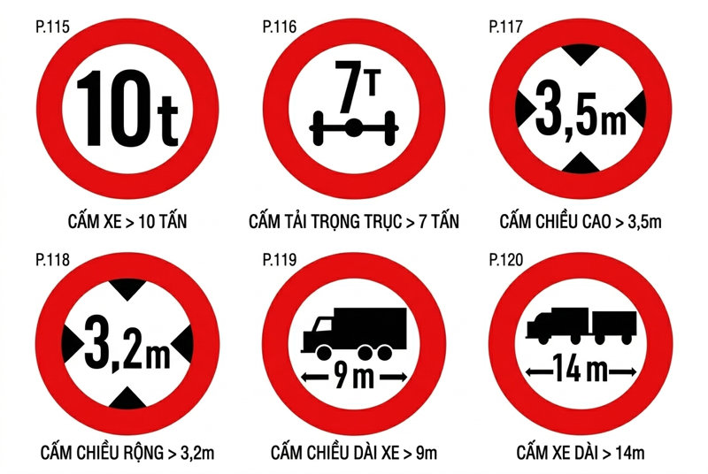 Danh sách các mẫu biển cấm theo tải trọng và kích thước, chủ yếu áp dụng cho xe ô tô