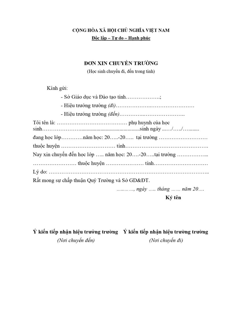 Mẫu đơn xin chuyển trường THPT trong tỉnh