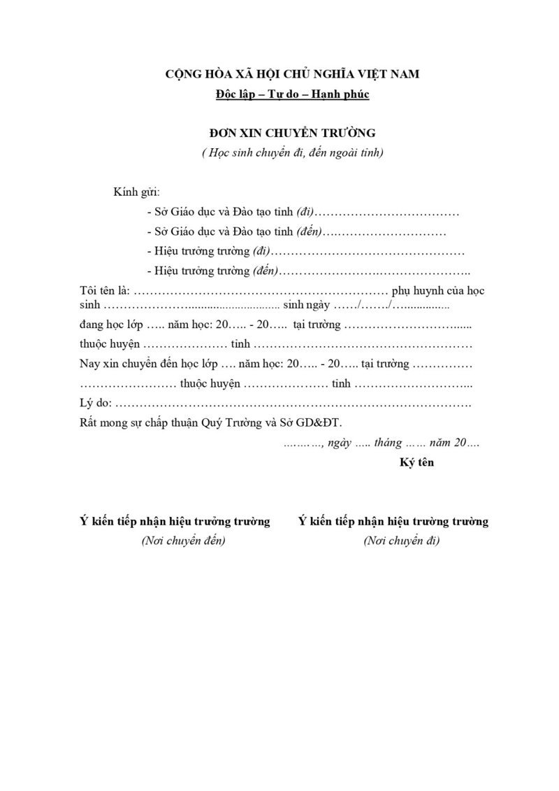 Mẫu đơn xin chuyển trường THPT khác tỉnh