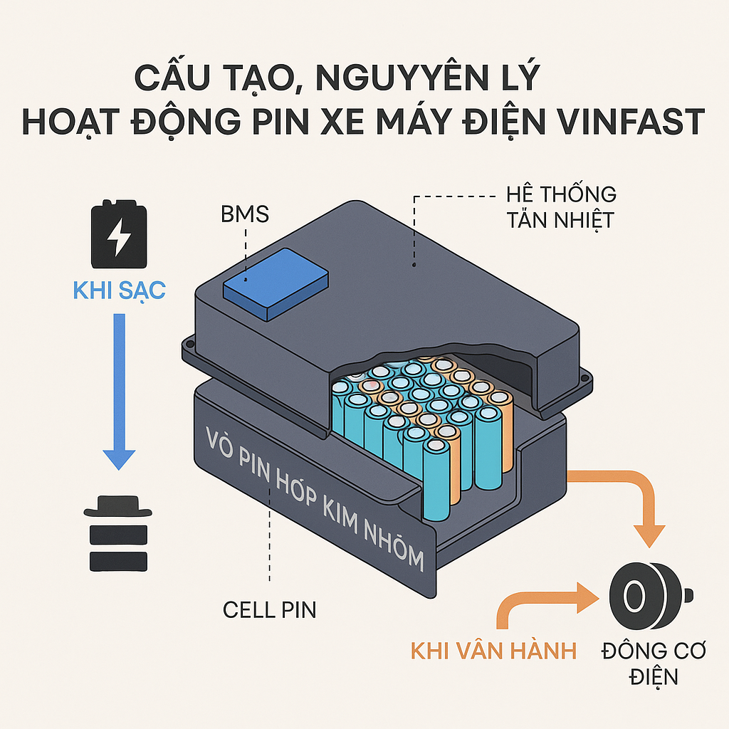 Cấu tạo cục pin xe điện gồm cell lithium và mạch BMS