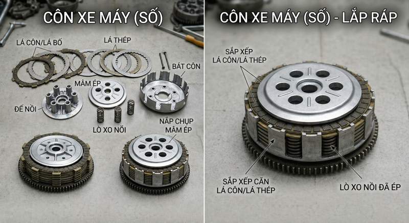 Cấu tạo bộ côn xe máy gồm nhiều chi tiết phối hợp để truyền lực và đảm bảo xe vận hành ổn định