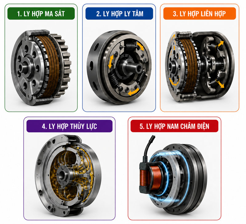 Có 5 loại ly hợp xe máy được phân loại theo cơ chế truyền mô-men xoắn từ động cơ đến hộp số