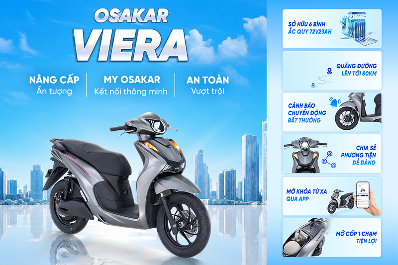 Xe máy điện OSAKAR Viera sở hữu thiết kế sang trọng và tính năng điều khiển qua app MY OSAKAR tiện lợi