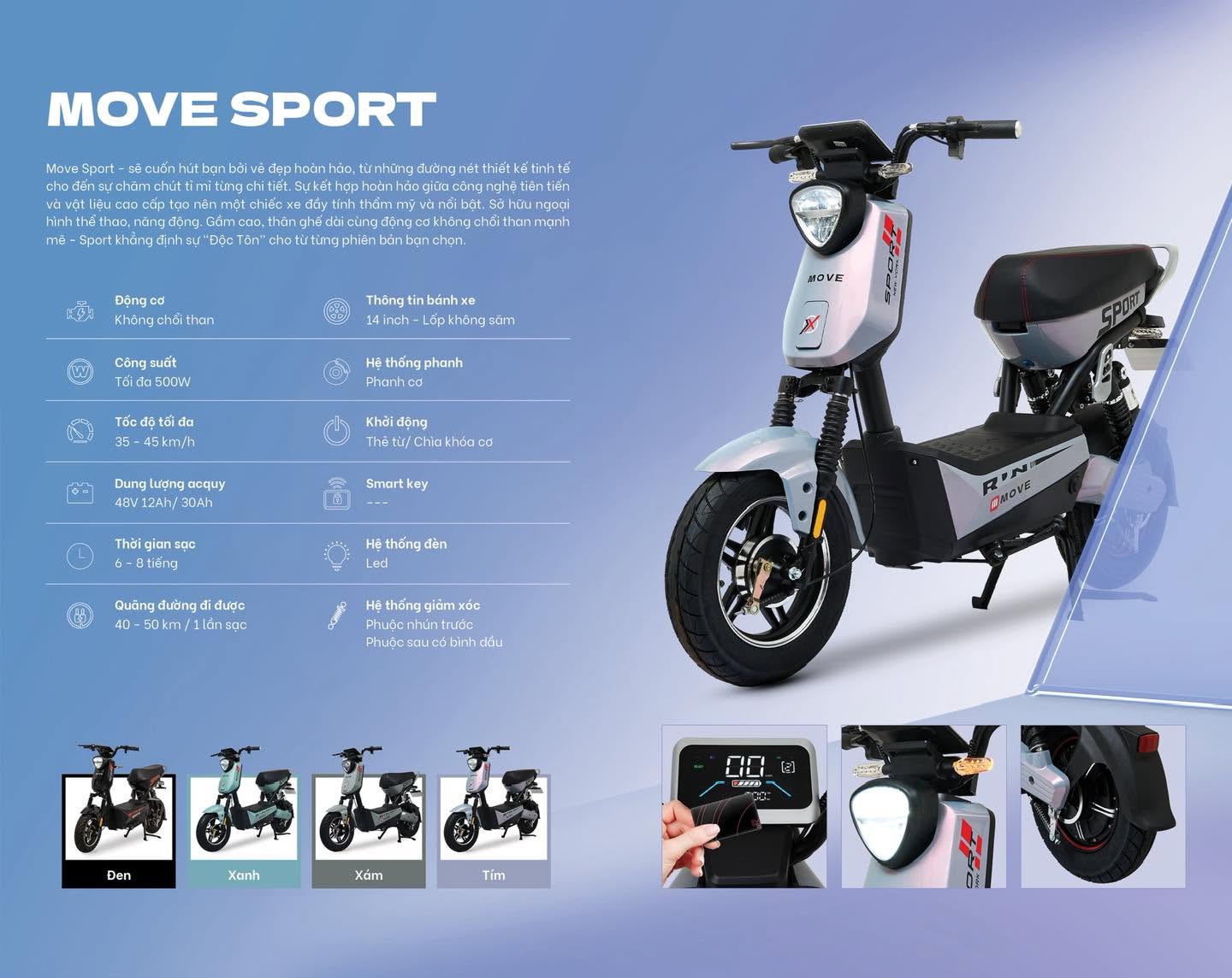 Xe máy điện cho học sinh Move Sport với thiết kế thể thao, cá tính và nhỏ gọn phù hợp với các bạn học sinh cấp 3 nam