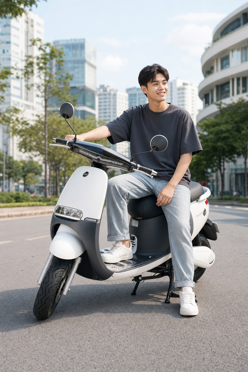 Mẫu xe điện cho học sinh cấp 3 nam DK Gogo New với đầu xe bo tròn, sàn để chân phẳng