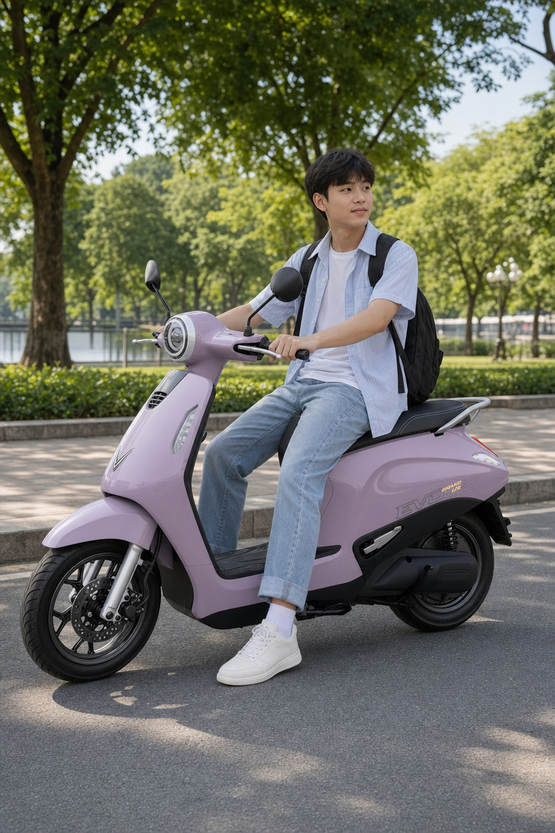 VinFast Evo Grand Lite nhìn nghiêng, thân scooter dài 1.856 mm, đèn pha LED projector