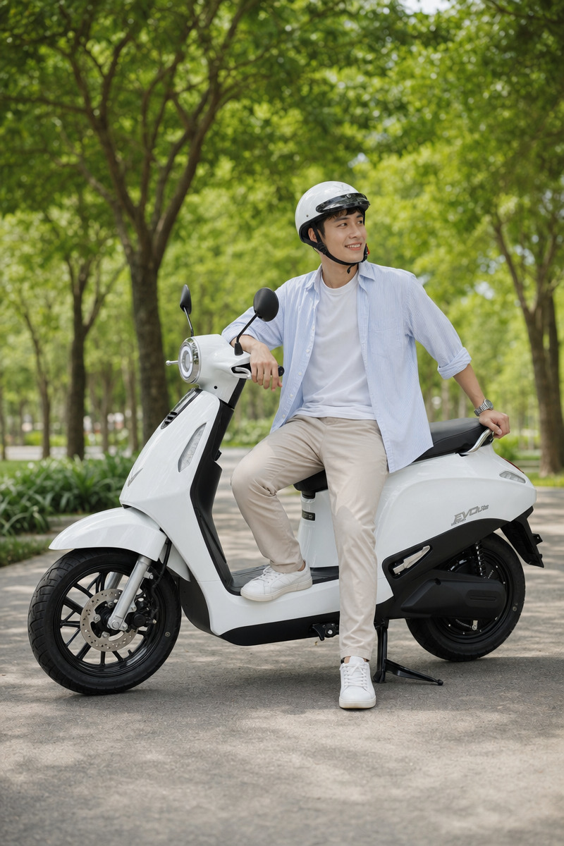 Xe điện cho học sinh cấp 3 VinFast Evo Lite dáng scooter bo tròn, thân dài 1.850 mm