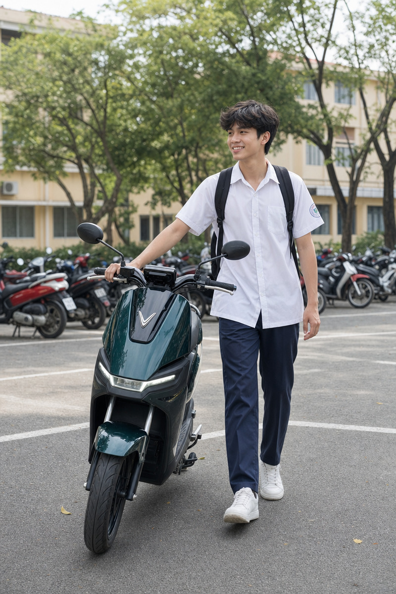 Nam sinh dễ dàng dắt VinFast Flazz - xe máy điện cho học sinh cấp 3 nam trọng lượng 72 kg trong sân trường