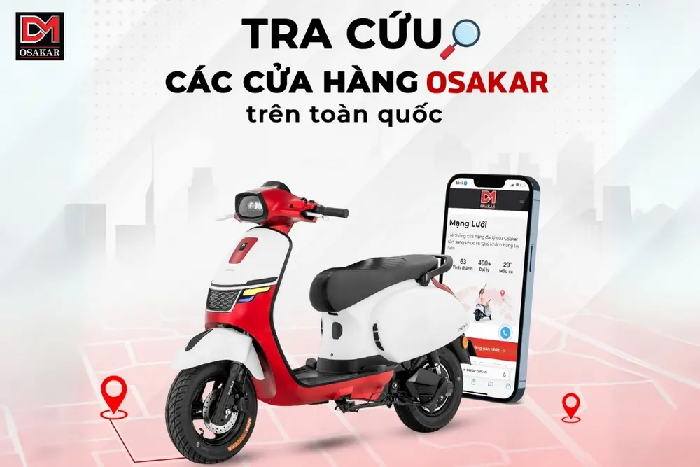 Hệ thống trung tâm sửa chữa xe máy điện OSAKAR tại Hà Nội, TP. Hồ Chí Minh và nhiều tỉnh thành, giúp khách hàng dễ dàng tìm địa chỉ bảo dưỡng và sửa chữa.
